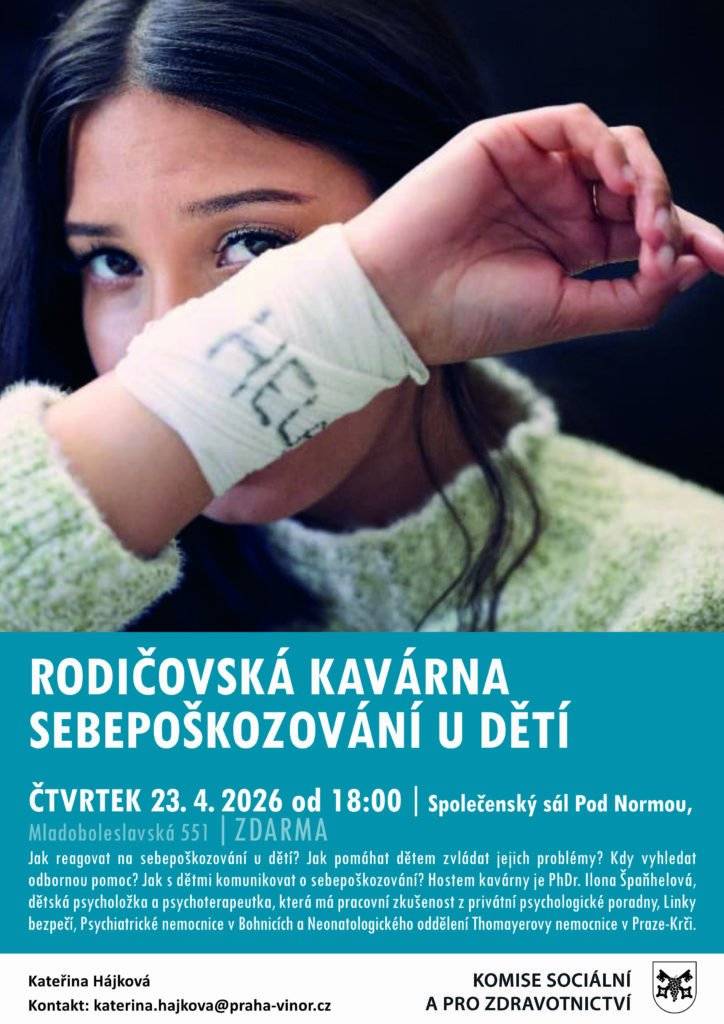 Dovoluji si vás pozvat na přednášku Ilony Špaňhelové na téma sebepoškozovaní. Téma je to náročné, ale důležité. Proto jsme ho vybrali. Těším se na vás v sále Pod Normou ve čtvrtek 23. 4. od 18 hodin. Kateřina Hájková, předsedkyně komise pro sociální oblast a zdravotnictví