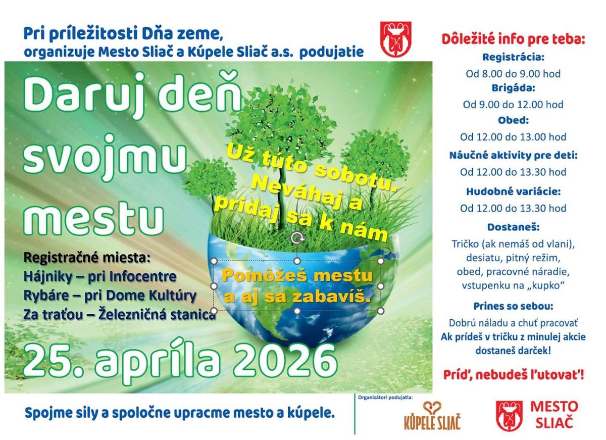 Už túto sobotu! Príď medzi nás a "Daruj deň svojmu mestu". Registrácia a prevzatie trička, desiaty a lístkov na guláš a kofolu prebehne v čase od 8:00 do 9:00 na týchto miestach:  Hájniky – pri Infocentre Rybáre – pri Dome kultúry Za Traťou / Pod kúpeľmi – Železničná stanica  Neváhaj a príď! Nudiť sa určite nebudeš. Pomôžeš svojmu mestu a zároveň stráviš deň na čerstvom vzduchu. Tešíme sa na teba!