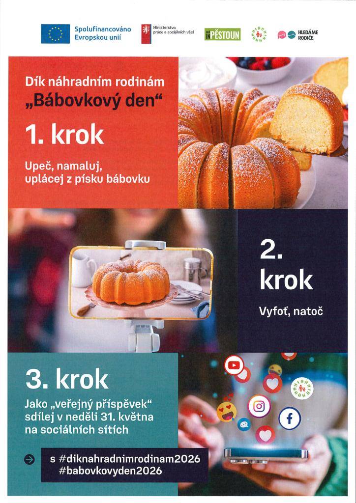 Už podruhé propagujeme na těchto stránkách tzv. Bábovkový den. Stručně: upečte, namalujte nebo uplácejte třeba z písku bábovku a 31. května ji zveřejněte na sociálních sítích, třeba Facebooku Rozhraní. Podpoříte náhradní rodiny. Více se dočtete v přiložených materiálech.