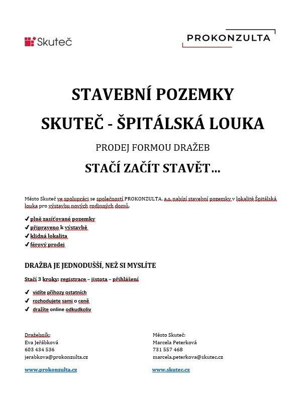 Prodej stavebních pozemků formou dražeb - Skuteč - Špitálská louka. Více informací naleznete na webu obce. https://www.peralec.cz/obec-peralec/aktuality/