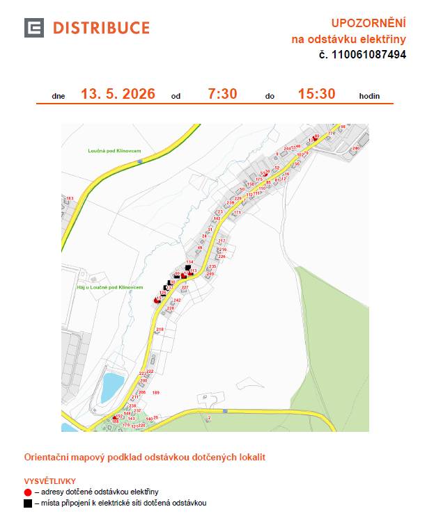 Plánovaná odstávka dne 13. 5. 2026 od 7:30 do 15:30 hodin v části obce Háj   č. p. 30, 152 č. ev. 15, 17, 80, 113
