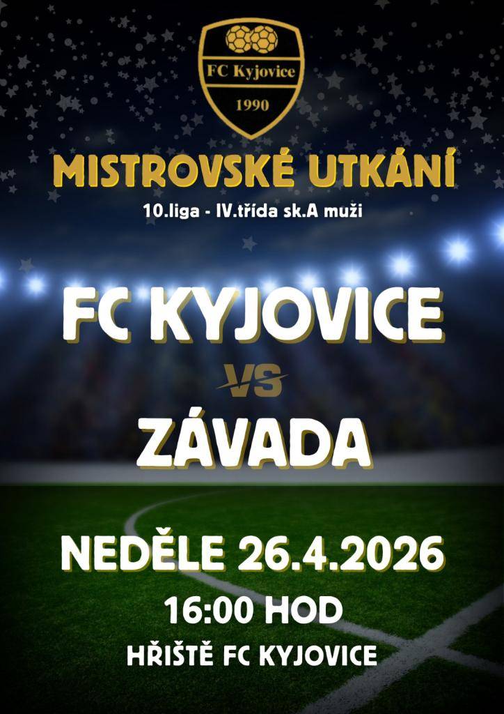 V neděli nás čeká těžký domácí duel proti prvnímu týmu tabulky Závadě. Hrajeme 26. 4. od 16:00 na hřišti FC Kyjovice. Přijďte nás podpořit.