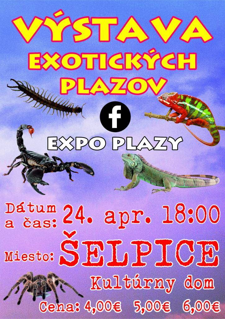Pozývame vás na jedinečnú výstavu exotických plazov!  Dátum: 24. apríl 2026  Čas: od 18:00  Miesto: Kultúrny dom Šelpice    Vstupné:   Dospelí : 6,00 €  Deti do 14 rokov : 5,00 €   Dôchodcovia: 4,00 €