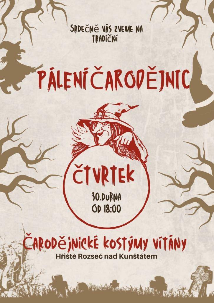 Srdečně zveme na tradiční pálení čarodějnic, které se uskutečné ve čtvrek 30.4.2026 od 18:00 u fotbalového hřiště.