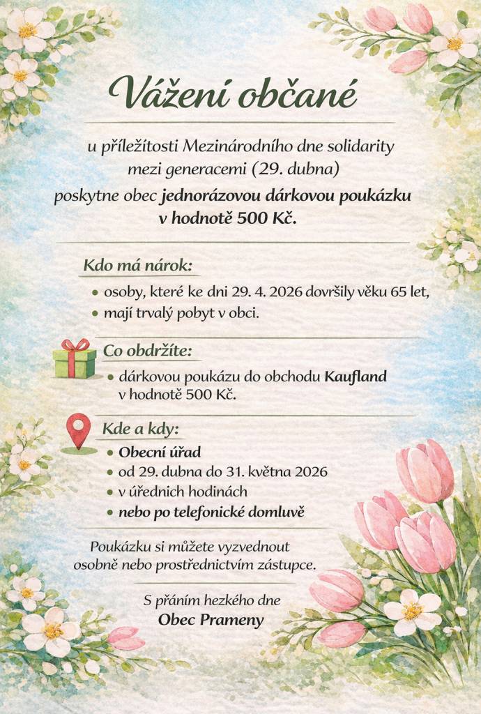 Obec Prameny se rozhodla podpořit své starší občany u příležitosti Mezinárodního dne solidarity mezi generacemi. ❤️