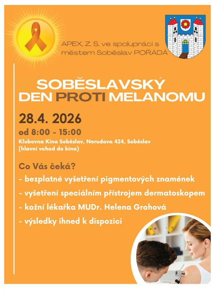 APEX, z.s., ve spolupráci s městem Soběslav zve na akci věnovanou prevenci proti melanomu kůže. Prohlídka je bezplatná.