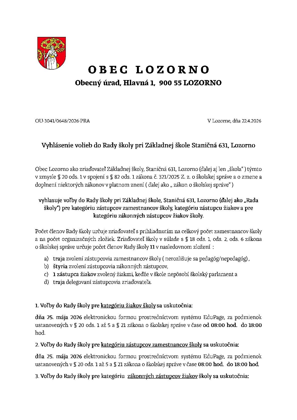 Vyhlásenie volieb do Rady školy pri Základnej škole Staničná 631, Lozorno