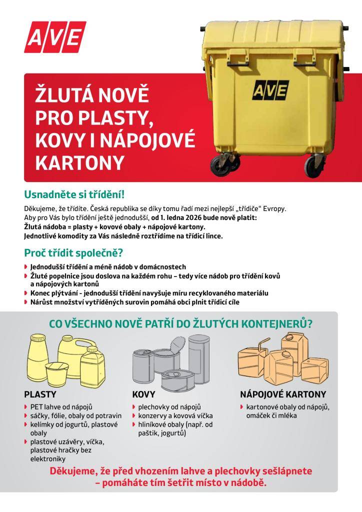 Ve všech obcích, kde sváží odpad skupina společností AVE, platí od 1. 1. 2026, že všechny žluté nádoby budou určeny i pro kovové obaly a nápojové kartony. Společnost AVE sváží všechny žluté nádoby a popelnice jako multikomoditu ve složení PLAST + KOV + NÁPOJOVÝ KARTON.
