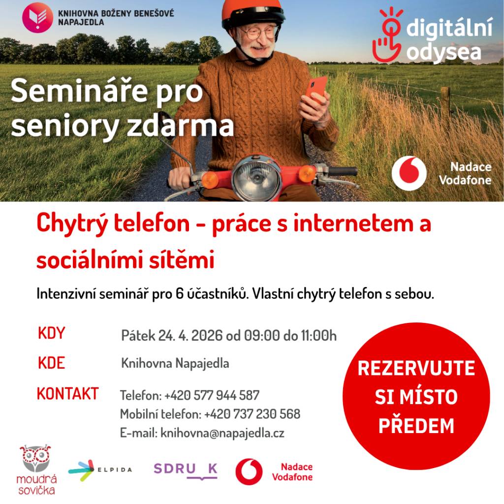 Knihovna zve přihlášené seniory 65+ na sérii seminářů ZDARMA, kde si osvojíte, jak chytrý telefon využívat snadno a bez stresu. Jedná se o dvouhodinový seminář pro 6 zájemců, kteří si přinesou vlastní (dostatečně nabitý) telefon.