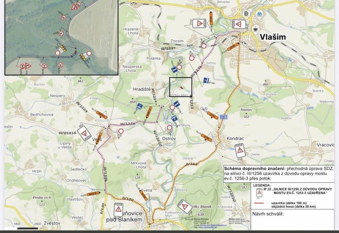 Obec ostrov informuje o neodkladné opravě mostu (1256-3) na silnici č. III/1256 v k.ú. Kondrac (silnice Veliš – Vlašim - křižovatka se silnicí č. III/1258 na Dub směrem na Vítův mlýn).    Z důvodu této opravy bude silnice úplně uzavřena od pondělí 27.04.2026, 08:00 hodin do neděle 03.05.2026.