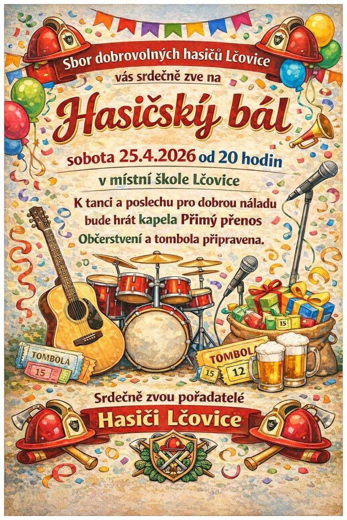Sbor dobrovolných hasičů Lčovice Vás srdečně zve na tradiční Hasičský ples. V sobotu 25.4. 2026 od 20. hodin v sále Školy Lčovice. Pro dobrou náladu k tanci a poslechu bude hrát kapela Přímý přenos. Připraveno občerstveni v ceně vstupného a slosovatelná tombola.
