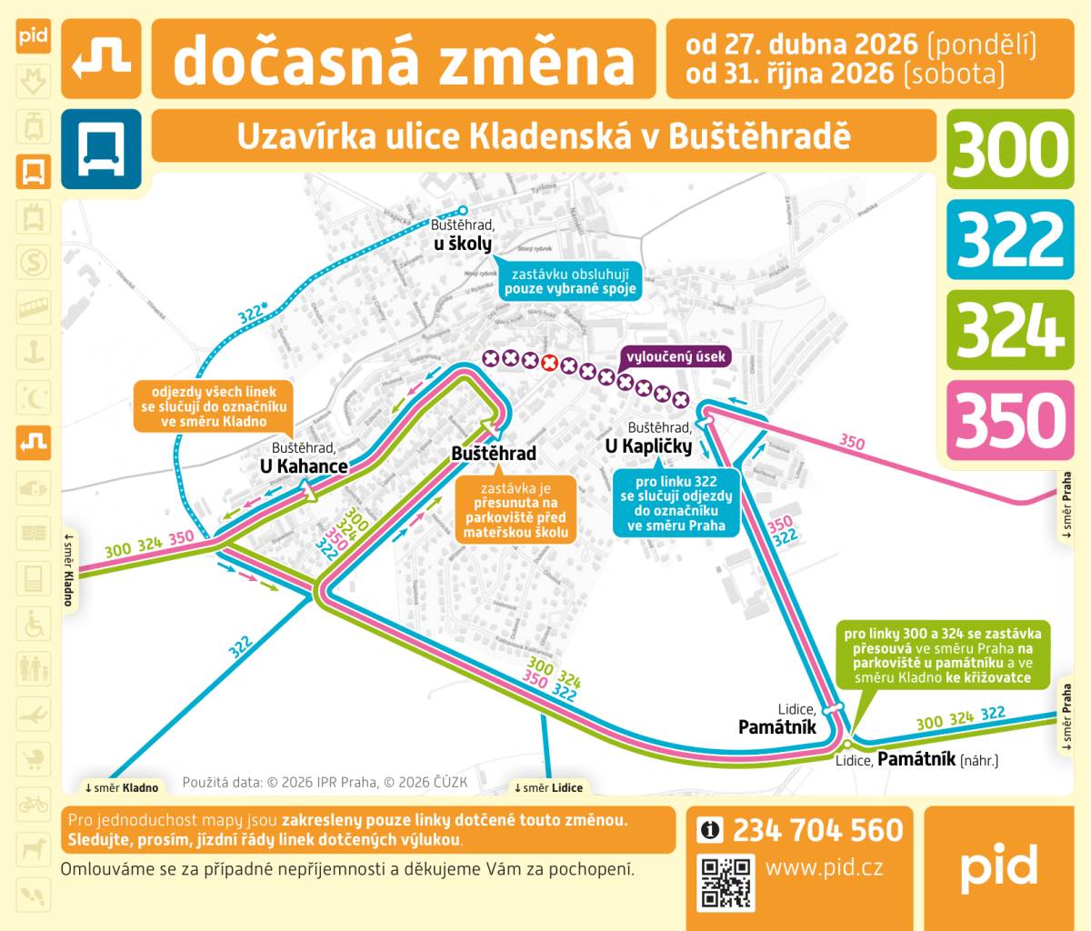 Odklon zastávek autobusových linek 300, 322, 324, 350