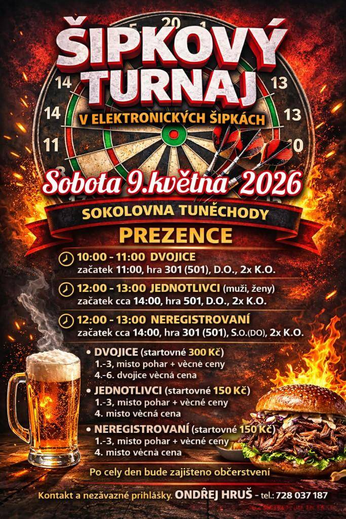 V sobotu 9.5.2026 se od 10 hodin uskuteční v tuněchodské sokolovně šipkový turnaj v elektronických šipkách. Kontakt a nezávazné přihlášky na tel: Ondřej Hruš 728 037 187