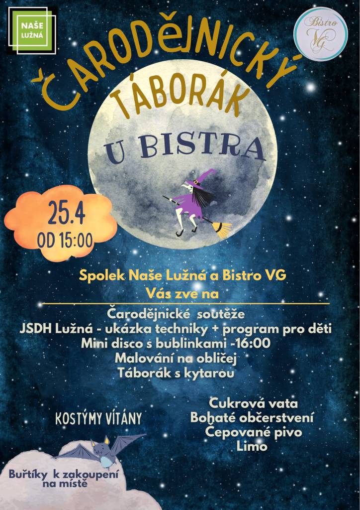 Spolek Naše Lužná a Bistro VG vás zvou na Čarodějnický táborák. Těšit se můžete na soutěže pro děti, ukázku techniky JSDH Lužná, mini disco s bublinkami, malování na obličej a táborák s kytarou. Připraveno bude bohaté občerstvení. Kostýmy jsou vítány. Přijďte si užít příjemné odpoledne.