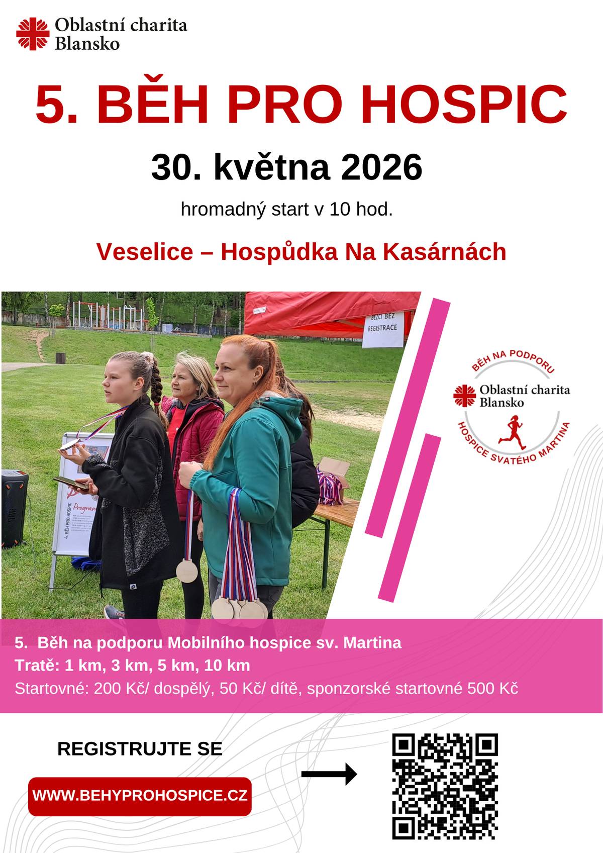 Běh pro hospic ve Veselici podpoří péči o nevyléčitelně nemocné V sobotu 16. května od 10 hodin se ve Veselici u Hospůdky na Kasárnách uskuteční 5. Běh pro hospic, který pořádá Charita Blansko. Zapojit se může každý – běžci, rodiny s dětmi i ti, kteří chtějí trasu jen projít. Připraveny jsou tratě od zhruba 1 kilometru až po 10 kilometrů. Výtěžek ze startovného poputuje na podporu Mobilního hospice sv. Martina, který už víc než 15 let pomáhá těžce nemocným lidem v regionu prožít poslední dny života doma, v kruhu svých blízkých, a zároveň podporuje i jejich rodiny. Akce není o výkonech, ale o setkání a pomoci. Startovné je 200 korun pro dospělé, 50 korun pro děti, případně 500 korun jako sponzorský dar.