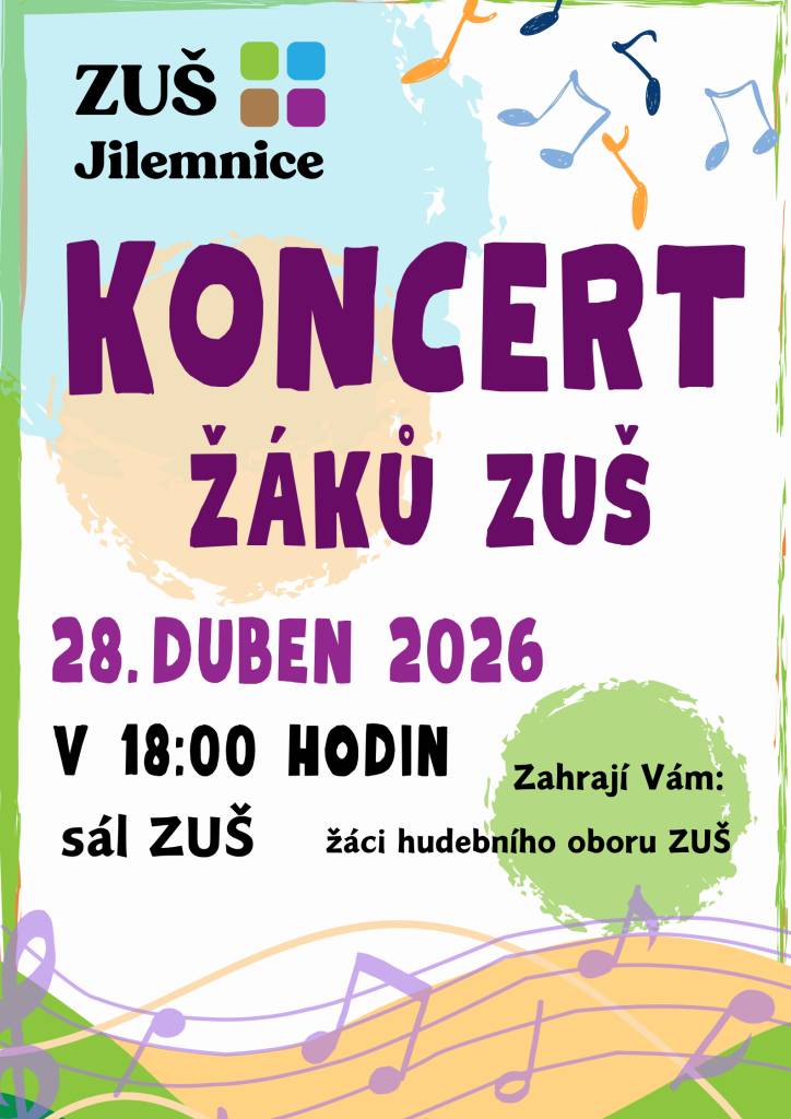 Zveme Vás na Koncert žáků ZUŠ, který se bude konat v úterý 28. dubna v 18 hodin v sále školy. Vystoupí na něm žáci hudebního oboru.