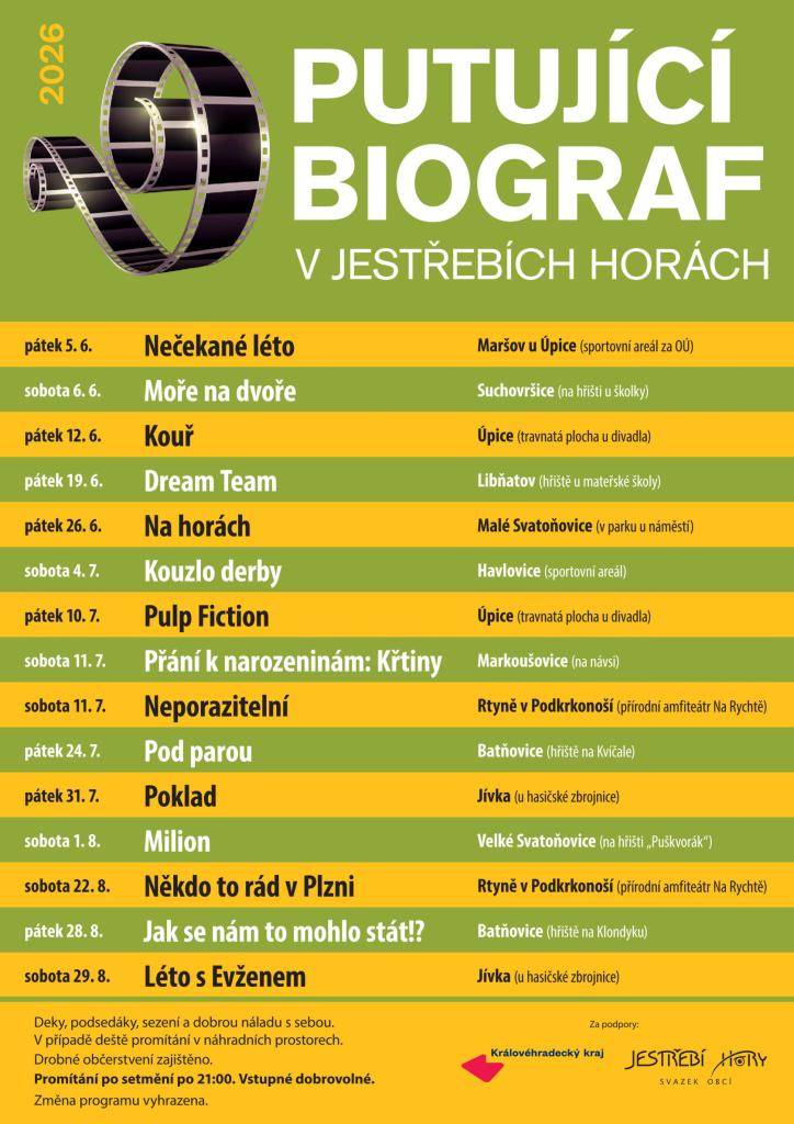 I letos se můžete těšit na oblíbený putující biograf pod Jestřebími horami.   Obce připravili celkem patnáct filmových večerů. Jaké filmy na vás letos čekají se dozvíte v přiloženém plakátu.