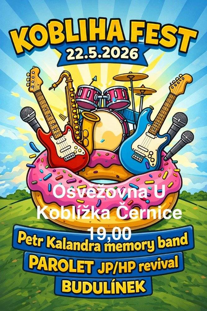V pátek 22.5. od 19 hod proběhne v areálu Osvěžovny U Koblížka v Černicích hudební festival – KOBLIHA FEST (areál bude otevřen v 18 hod). 🎤 Na festivalu vystoupí folkrocková formace Petr  Kalandra memory band (MO), poté skupina Parolet (PLZ) a festival zakončí Budulínek (Rokycany). 🎟 Již tento týden začíná předprodej vstupenek. Lístek lze zakoupit přímo U Koblížka a nebo přes QR kód na telefonu 608205987 za 250 Kč, na místě v den festivalu za 350 Kč. 💛 Počet vstupenek je omezen na 100 míst. Festiválek je finančně podpořen MO Plzeň 8 - Černice. Občané Černic mají zvýhodněné vstupné 100 Kč. Těšíme se na viděnou.