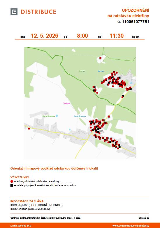 ČEZ Distribuce oznamuje plánované přerušení dodávky elektrické energie v Mostku a Horní Brusnici dne 12. května 2026. Výpadek potrvá od 8:00 do 11:30 hodin.