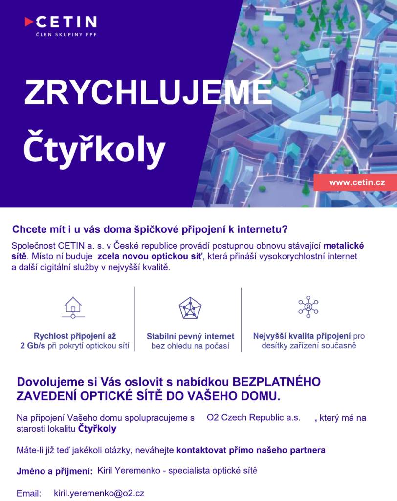 Zastupitelstvo schválilo v loňském roce projekt modernizace metalické sítě na optickou, který je investicí společnosti CETIN v naší obci. V souvislosti s tímto projektem naleznete ve vašich schránkách dopis s detailními informacemi a dojde ke kontaktu s pracovníkem partnerské společnosti O2.