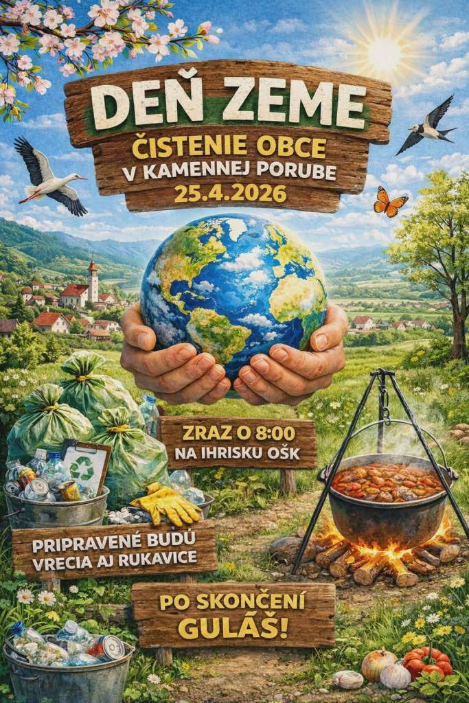 Starosta a poslanci OZ zastupiteľstva v Kamennej Porube Vás pozývajú v sobotu 25.4.2026 v rámci DŇA ZEME na brigádu pri skrášľovaní našej obce a Porubského chotára. Stretneme sa o 08:00 hod. na ihrisku OŠK. Pripravené budú vrecia a rukavice.  Občerstvenie bude zabezpečené ( guľáš).