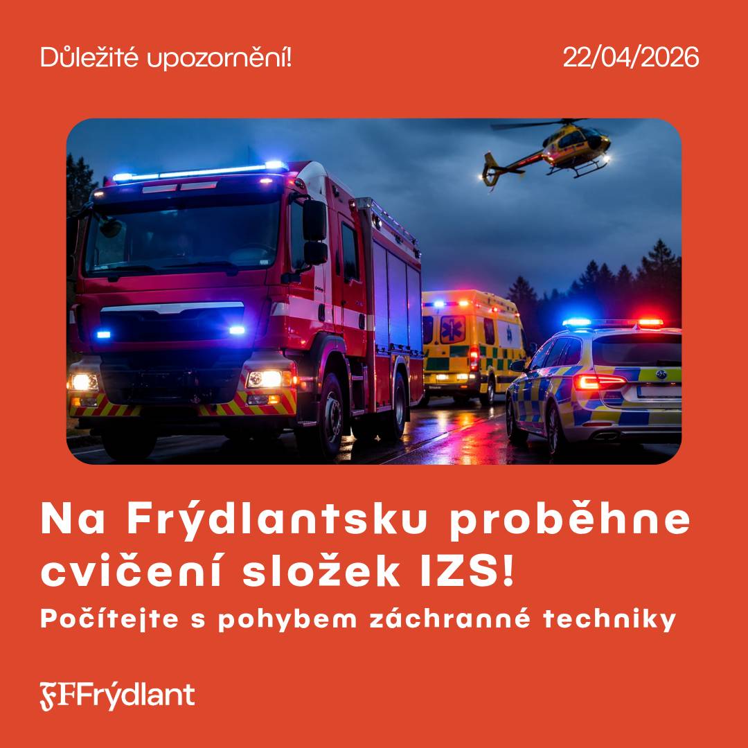 Zítra, 22. 4. 2026, bude v areálu společnosti STV GROUP a.s., středisko Hajniště, a v jejím okolí probíhat dlouhodobě plánované cvičení složek IZS. 🚒🚑🚓 V souvislosti s tím počítejte s pohybem většího množství techniky integrovaného záchranného systému po komunikacích v dané lokalitě. Prosíme o respektování pokynů složek IZS. Jedná se pouze o cvičení, nikoliv o skutečnou mimořádnou událost!