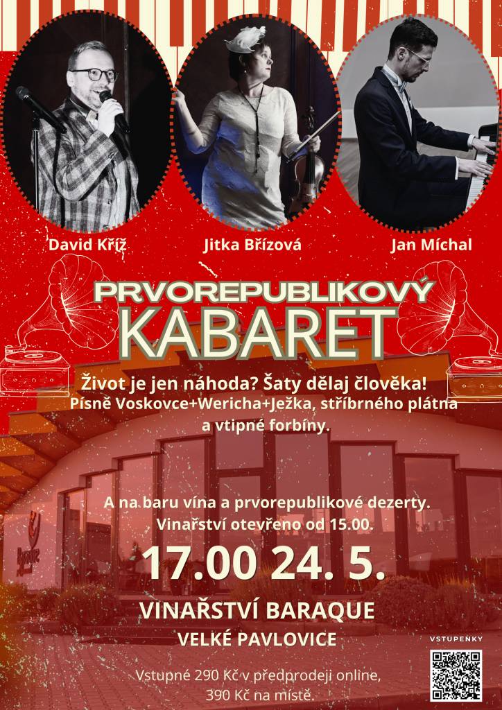 Prvorepublikový kabaret vás vrátí do doby, kdy se nosily klobouky a z kaváren zněly písně Voskovce a Wericha. V programu zazní melodie Jaroslava Ježka, humorné dialogy a další kultivované hudební zážitky, které potěší napříč generacemi.
