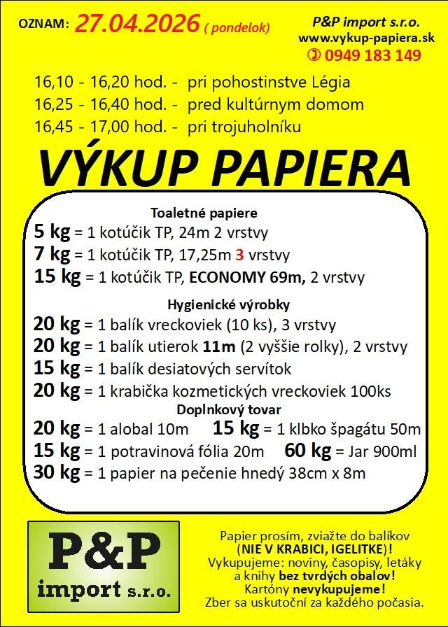 V pondelok 27.4.2026 bude v obci prebiehať výkup papiera.