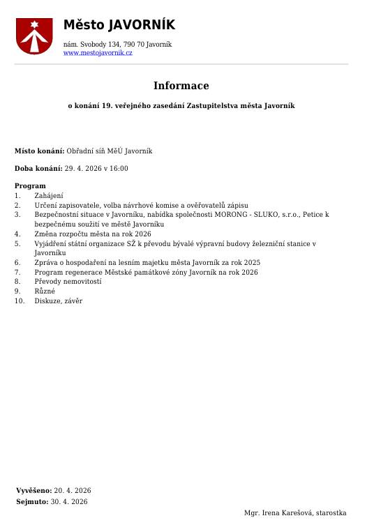 Pozvánka: v Obřadní síni MěÚ Javorník.