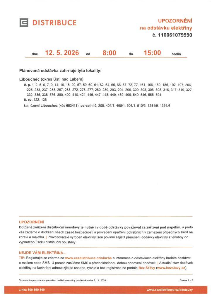 Oznámení o plánovaném přerušení dodávky elektrické energie dne 12.5.2026
