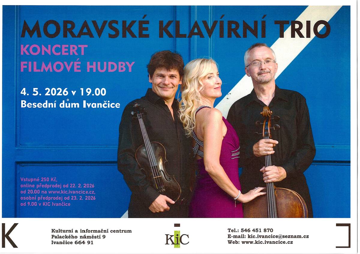 Besední dům v Ivančicích bude v pondělí 4. 5. 2026 hostit hudební akci, která potěší milovníky klasické i filmové hudby. Ivančice navštíví Moravské klavírní trio, které v 19:00 hod. odehraje originální koncert.