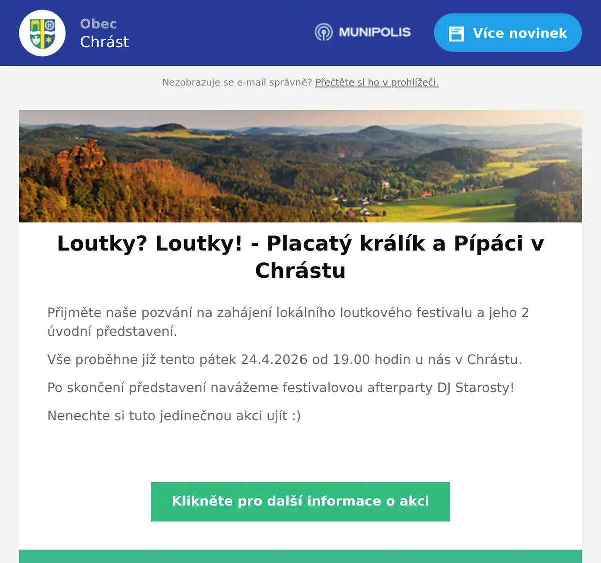 Přijměte naše pozvání na zahájení lokálního loutkového festivalu a jeho 2 úvodní představení. Vše proběhne již tento pátek 24.4.2026 od 19.00 hodin u nás v Chrástu. Po skončení představení navážeme festivalovou afterparty DJ Starosty! Nenechte si tuto jedinečnou akci ujít :) 