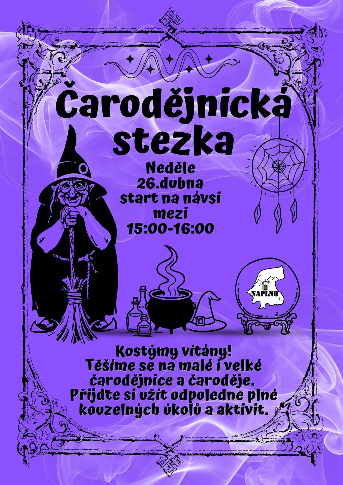 Obec zve malé i velké na Čarodějnickou stezku, která se uskuteční v neděli 26. dubna. Start je na návsi mezi 15:00 a 16:00. Čeká vás zábavné odpoledne plné kouzelných úkolů a aktivit, které si pro vás připravil spolek Naplno.  Kostýmy čarodějnic a čarodějů jsou vítány!