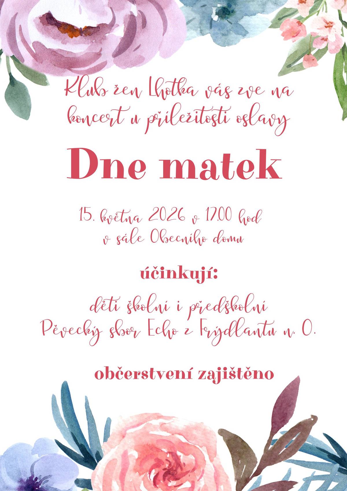pátek 15. května 2026 v 17,00 hod v sále Obecního domu