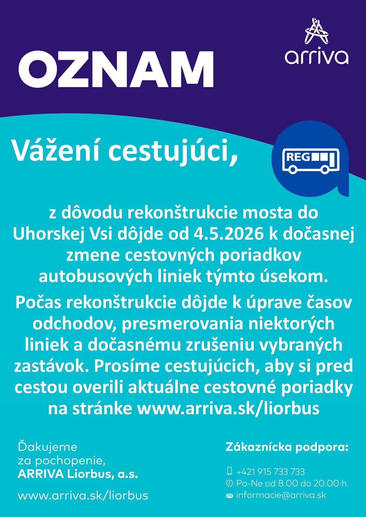 Výstavba mosta v Uhorskej Vsi priniesla situácie, ktoré sa nedali vyriešiť jednoducho. Náhradné premostenie nebolo možné vybudovať – v tesnej blízkosti sa nachádza vedenie vysokého napätia a kvôli malej vodnej elektrárni vodohospodári nedovolili manipulovať s výškou hladiny Váhu v danom úseku. Aj preto sme museli hľadať iné, bezpečné riešenia najmä pre deti, ktoré denne cestujú do školy. 👉 Autobusová doprava z Liptovského Mikuláša a Beňadikovej bude vedená do Liptovského Jána a Uhorskej Vsi po diaľnici D1 👉 Spoje pre deti z Beňadikovej a Podturne do základnej školy v Liptovskom Jáne a v Uhorskej Vsi bude riešené kombinovane – s prestupom pri moste v Podturni. 👉 Deti prejdú krátky úsek pešo (cca 50 m), následne mostom na druhú stranu Váhu, kde ich prevezme ďalší autobus. 👉 Pri prestupe bude zabezpečený dozor obcou Podtureň a most bude vybavený dočasnými bezpečnostnými zábranami. Úplná uzávierka mostu bude kvôli preorganizovaniu verejnej dopravy až od 4. mája. V prílohe nájdete upravený grafikom autobusovej dopravy