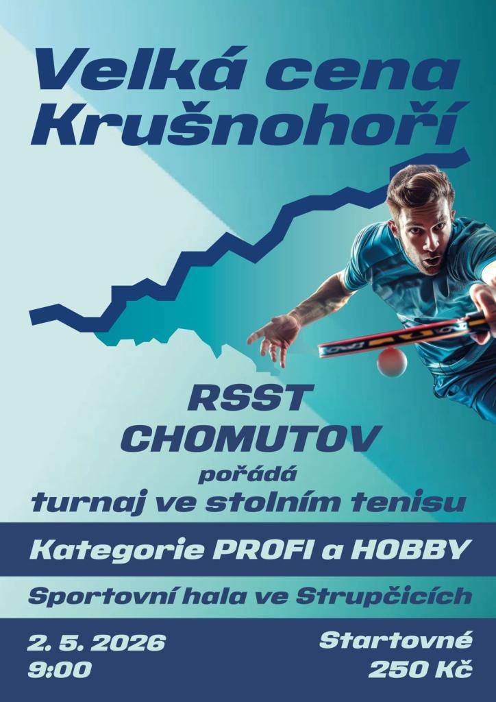 Regionální svaz stolního tenisu Chomutov pořádá 1. ročník turnaje registrovaných hráčů stolního tenisu "Velká cena Krušnohoří". Turnaj se uskuteční dne 02.05.2026 ve sportovní hale ve Strupčicích od 9:00 hodin. Více informací naleznete na přiložených plakátech.