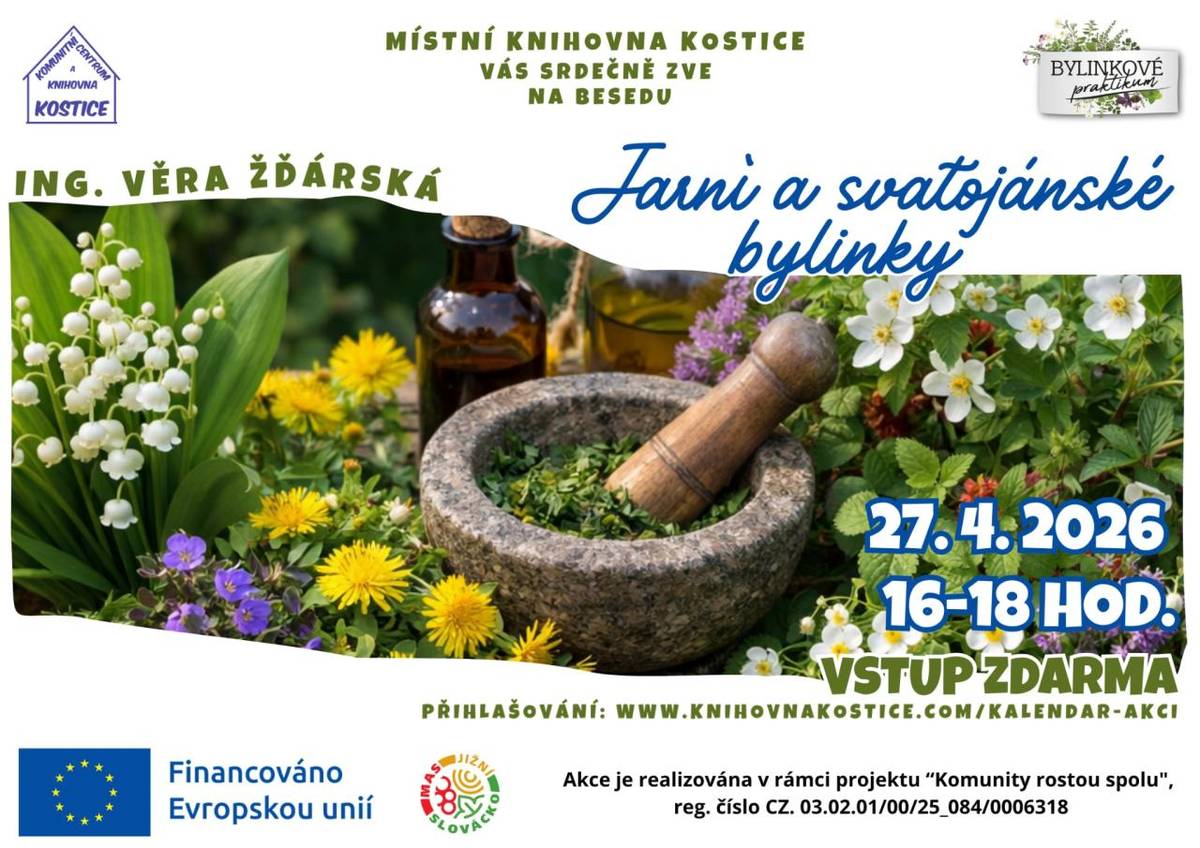 Místní knihovna Kostice zve na besedu o bylinkách, kterou povede Ing. Věra Žďárská. Akce se koná zdarma a je určena pro všechny zájemce. Přihlášení je možné na www.knihovnakostice.com/kalendar-akci.