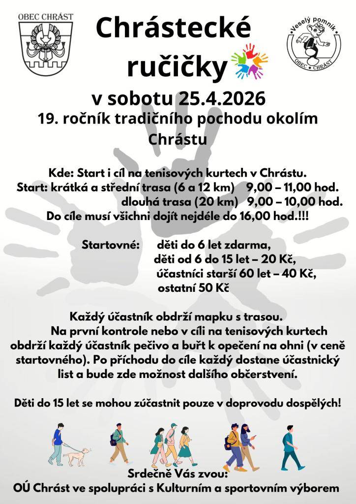 Přijďte si užít příjemný den na čerstvém vzduchu, projít se krásným okolím Chrástu a strávit čas s rodinou i přáteli.  Trasy: 6 km, 12 km, 20 km    Těšíme se na Vaši účast!