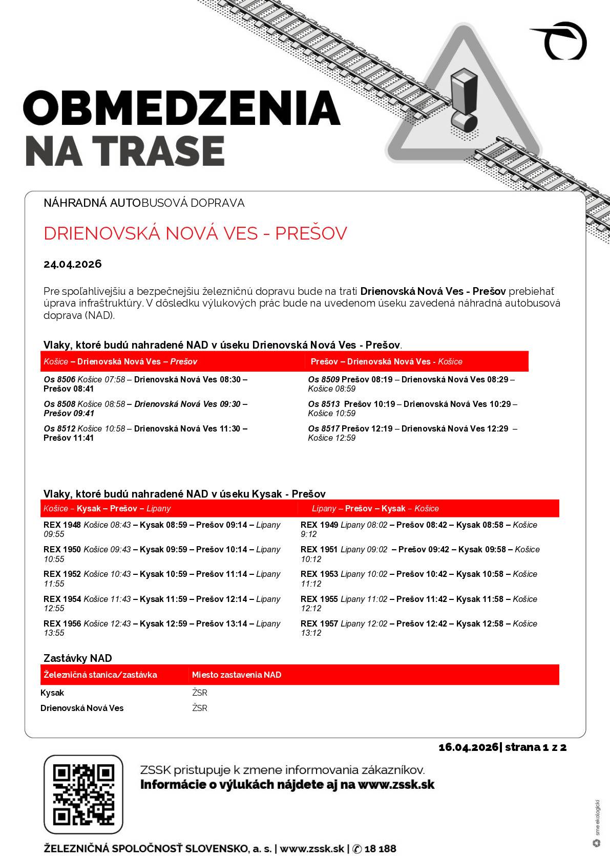 Oznámenie o výlukách:  Drienovská Nová Ves - Prešov