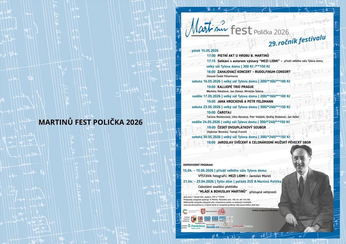 Festival začíná v pátek 15.5. a to hned třemi událostmi. Tradičním zahájením festivalu je pietní akt u hrobu hudebního skladatele Bohuslava Martinů na hřbitově sv. Michaela. Následuje zahajovací koncert, který v letošním roce obstará „Rudolfinum Consort“ a v přísálí velkého sálu Tylova domu se budete moci setkat s Jaroslavem ...  (Kultura / Martinů fest)