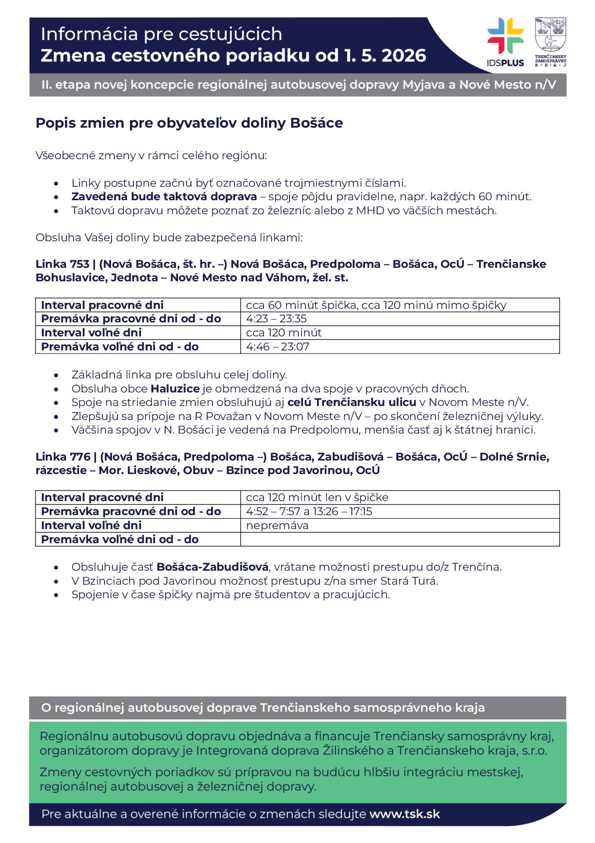 Zmeny RAD TSK od 01.05.2026 - informačné materiály obsahujú súhrnné informácie pre obyvateľov všetkých obcí v Bošáckej doliny.              V prílohe nájdete súbory:  informačný leták pre obyvateľov, cestovný poriadok liniek prechádzajúcich dolinou, schému liniek v okrese Myjava a západnej časti okresu Nové Mesto n/V.