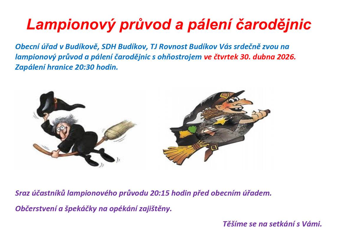 Pozvánka na lampiónový průvod a pálení čarodějnic ve čtvrtek 30.4.2026. Sraz účastníků lampiónového průvodu ve 20:15 před OÚ.