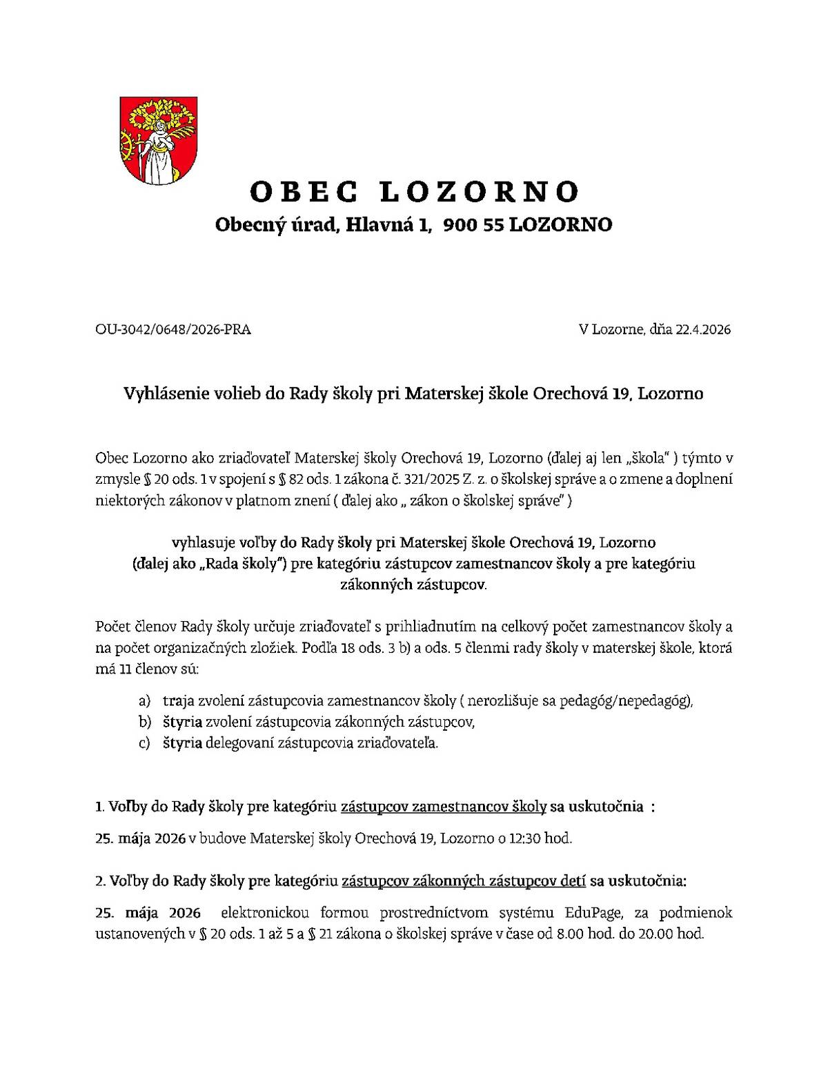 Vyhlásenie volieb do Rady školy pri Materskej škole Orechová 19, Lozorno
