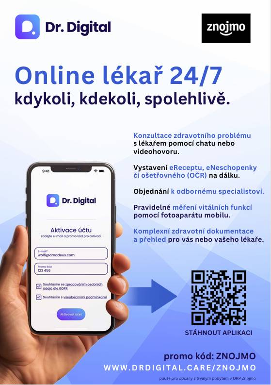Vážení spoluobčané,  dovolujeme si Vás informovat, že město Znojmo od 6. 10. 2025 změnilo dostupnost zdravotnické péče v našem regionu a zřídilo ve spolupráci s Dr.Digital na jeden rok on-line zdravotní službu.