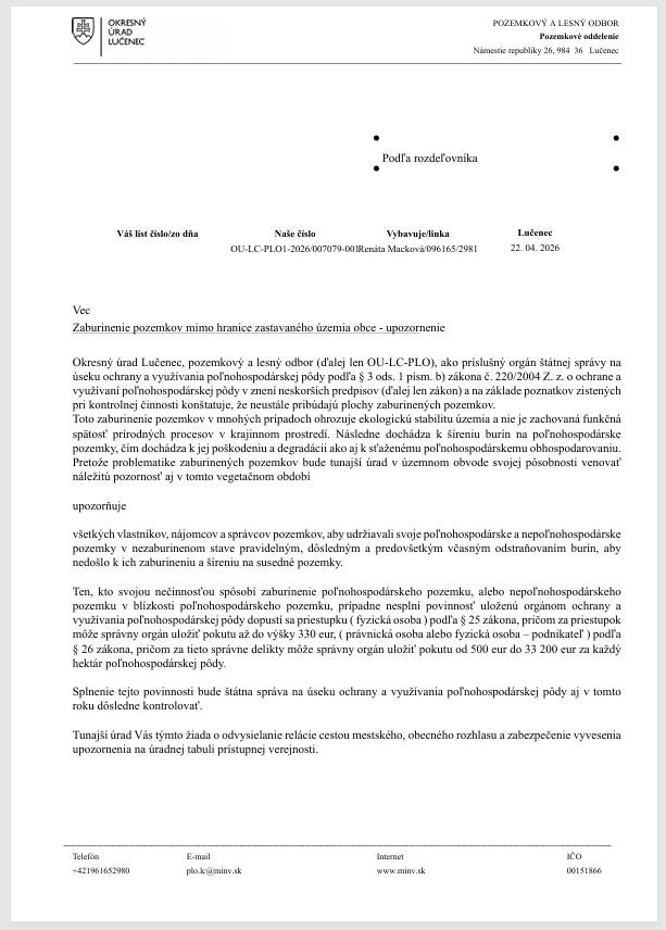 Zaburinenie pozemkov mimo hranice zastavaného územia obce.