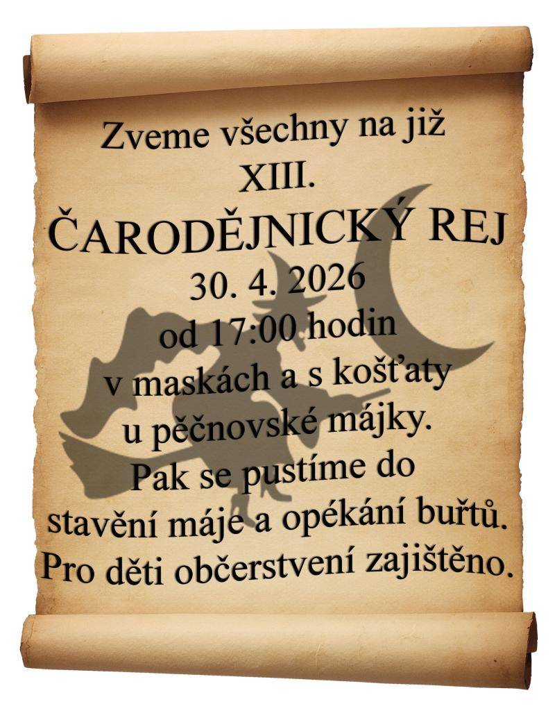 Zveme Vás na Čarodějnický rej u pěčnovské májky, plný her a zábavy