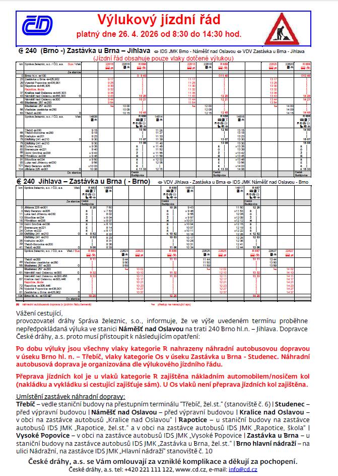 Na úseku Brno / Zastávka u Brna – Studenec / Třebíč