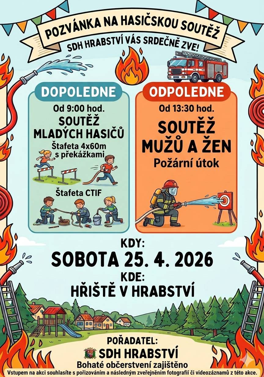 SDH Hrabství Vás srdečně zve na Hasičskou soutěž, která se koná již tuto sobotu 25.dubna od 9 hod. na velkém hřišti v Hrabství. Přijďte podpořit malé i dospělé hasiče a strávit hezký den ve společnosti přátel a sousedů. Od 9:00 proběhne soutěž mladých hasičů a od 13:30 bude soutěž mužů a žen. Po celý den je připraveno bohaté občerstvení. Nově bude možnost platby pomocí QR kódu. Těšíme se na vaši účast.