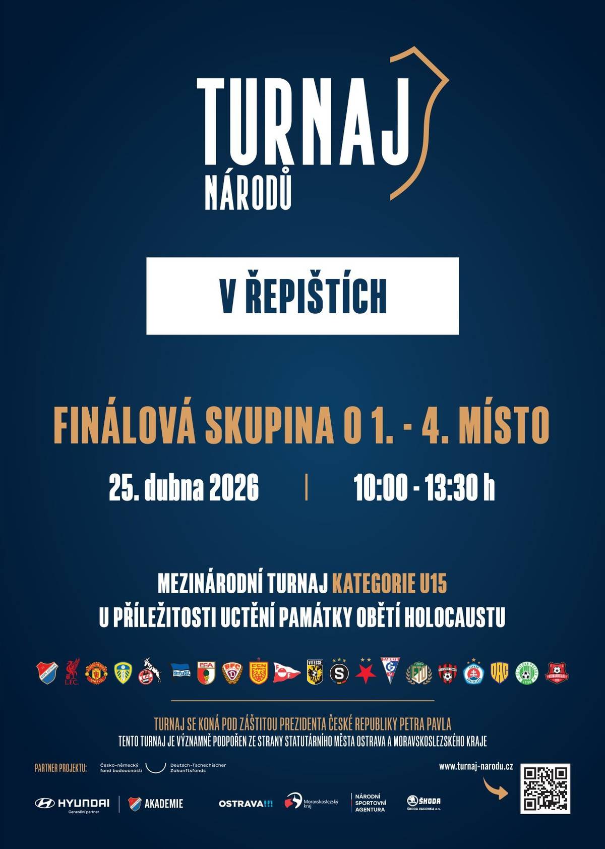Vážení fanoušci fotbalu a především talentované mládeže...dovoluji si Vás pozvat na 7. ročník fotbalového turnaje pořádaný FC Baník Ostrava ve spolupráci s fotbalovými obcemi v okolí. Na našem hřišti se budou tuto sobotu odehrávat finálové boje v rámci Turnaje národů kategorie U15 pořádaného u příležitosti uctění památky obětí holokaustu. Turnaj národů získal podruhé ve své historii záštitu prezidenta České republiky Petra Pavla. Ve finálových bojích se utkají výherci skupin ...mohou to být kluby Manchester United FC, FC Baník Ostrava, Liverpool FC, Sparta Praha, Hertha Berlín, Slovan Bratislava, Górnik Zabrze atd. Přijďte zažít výjímečné fotbalové dopoledne, první zápas začíná od 10:00 h. Vstup zdarma, občerstvení zajištěno ⚽️⚽️ TJ Řepiště, z.s.