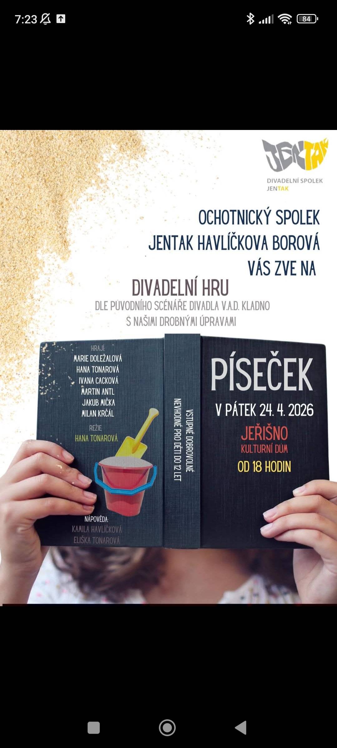 Ochotnický spolek JENTAK Havlíčkova Borová Vás zve na  divadelní hru PÍSEČEK v pátek 24.4. 2026 v KD Jeřišno od 18h.
